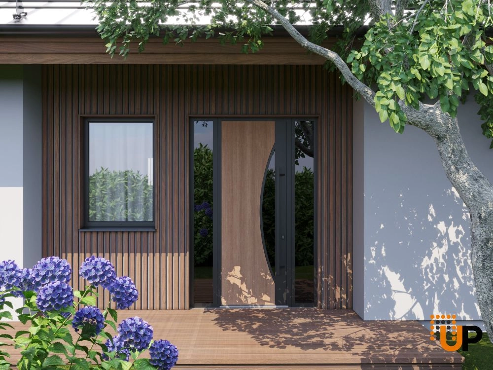 Single swing metal-aluminum modern exterior door with triplex | Ronex 1077 Teak | 60 x 96 photo#3