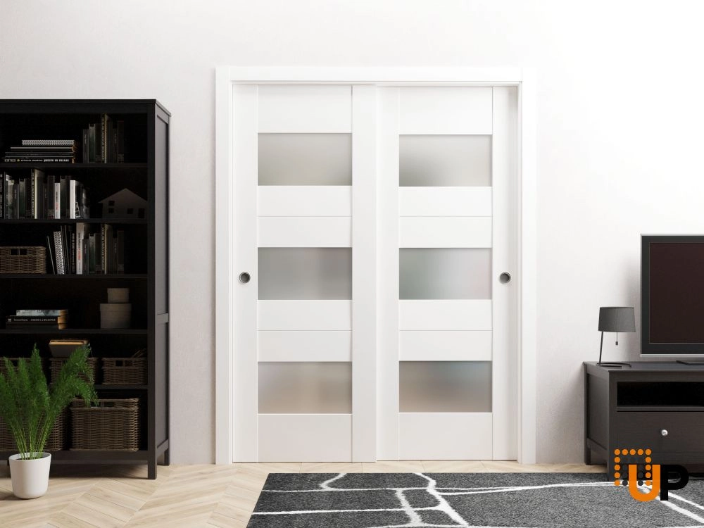 Double solid core sliding interior closet bypass door with frosted glass | Sete 6003 White | 36 x 80 (2* 18x80) photo#5