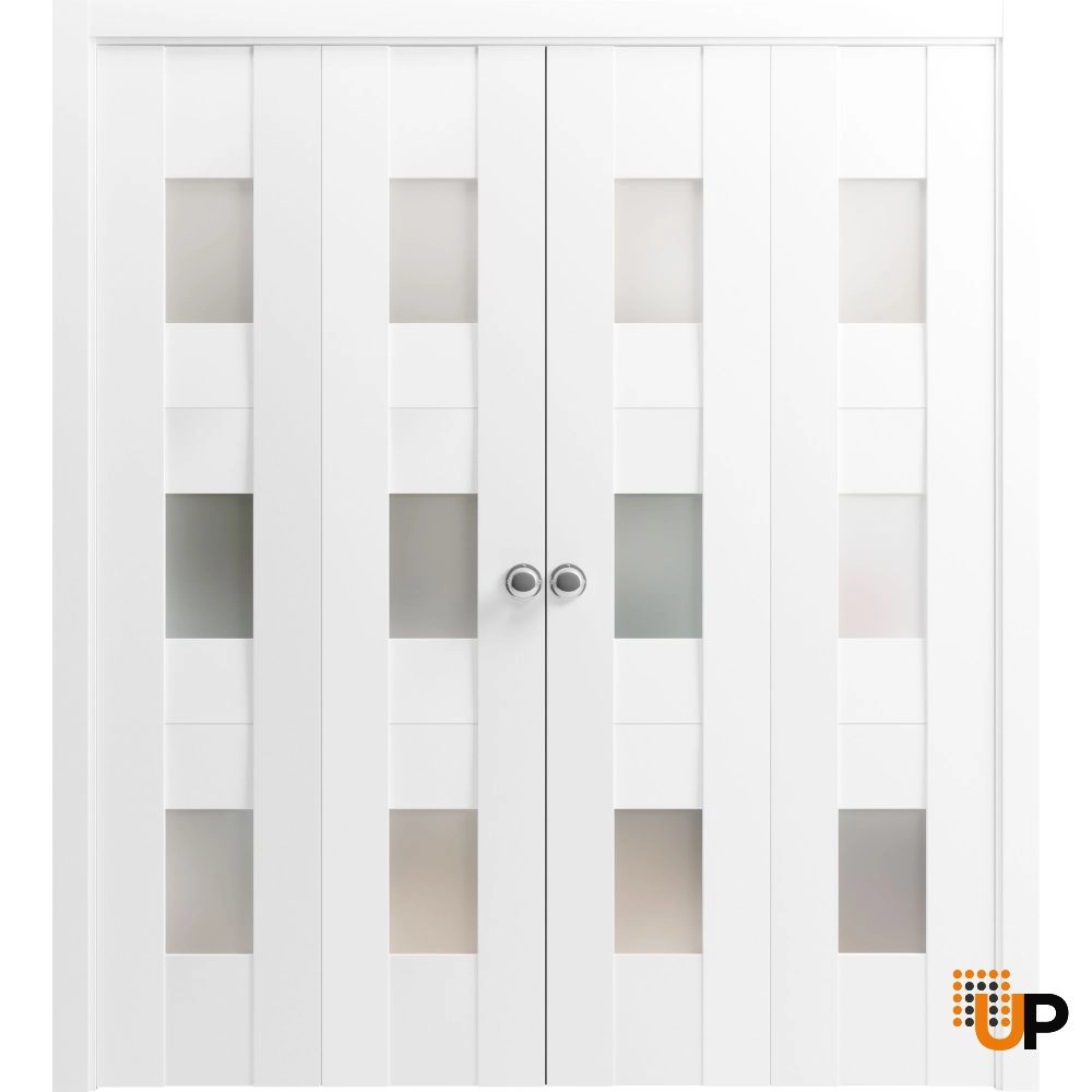 4 folding panels mdf sliding french interior bi-fold double door with frosted glass | Sete 6003 White | 72 x 80 (4* 18x80) photo#1