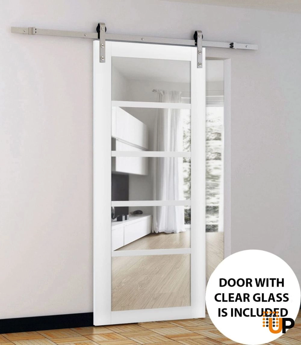 Single mdf sliding luxury interior barn door with clear glass | Quadro 4522 White | 18 x 80 photo#2