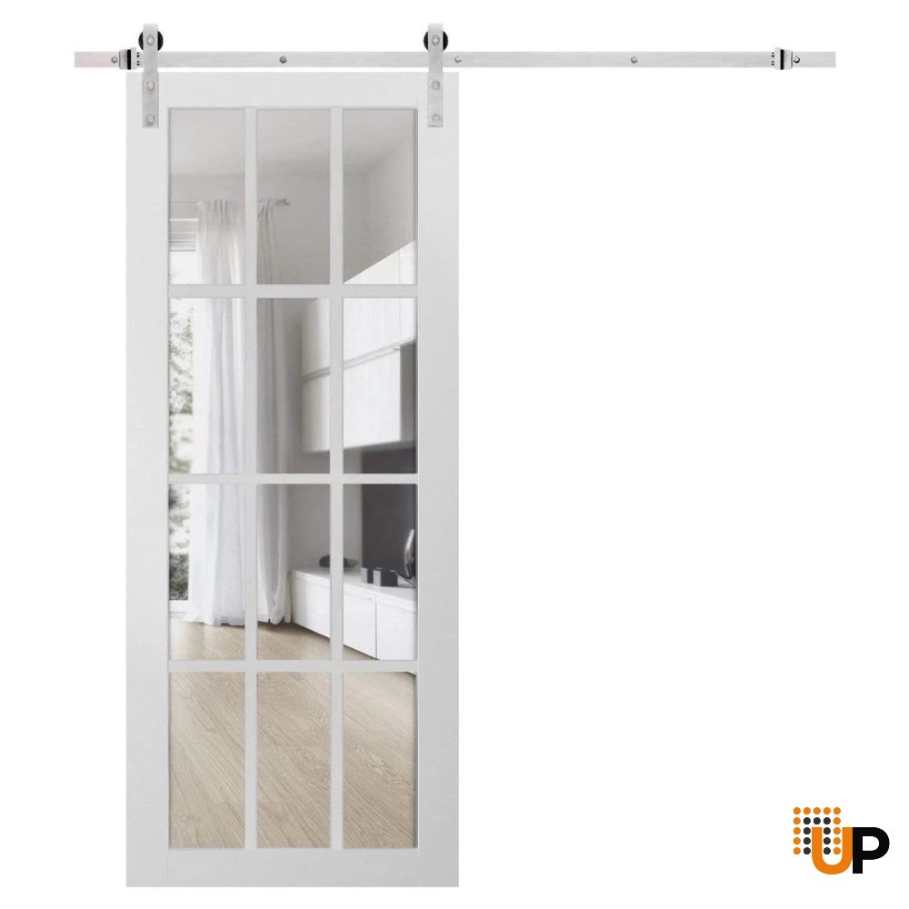 Single solid core sliding classic interior barn door with clear glass | Felicia 3355 White | 18 x 80 photo#1