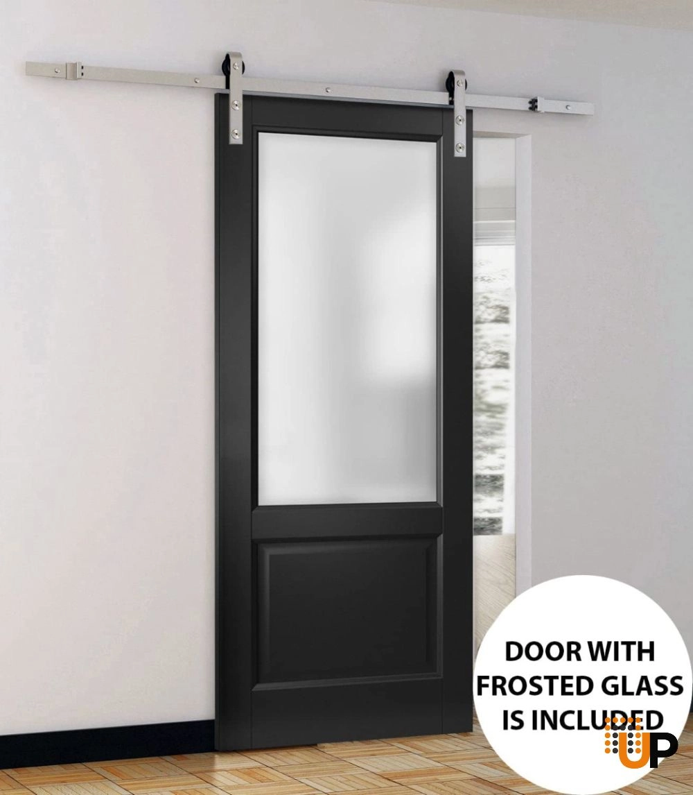 Single solid core sliding classic interior barn door with frosted glass | Lucia 22 Black Matte | 18 x 80 photo#2