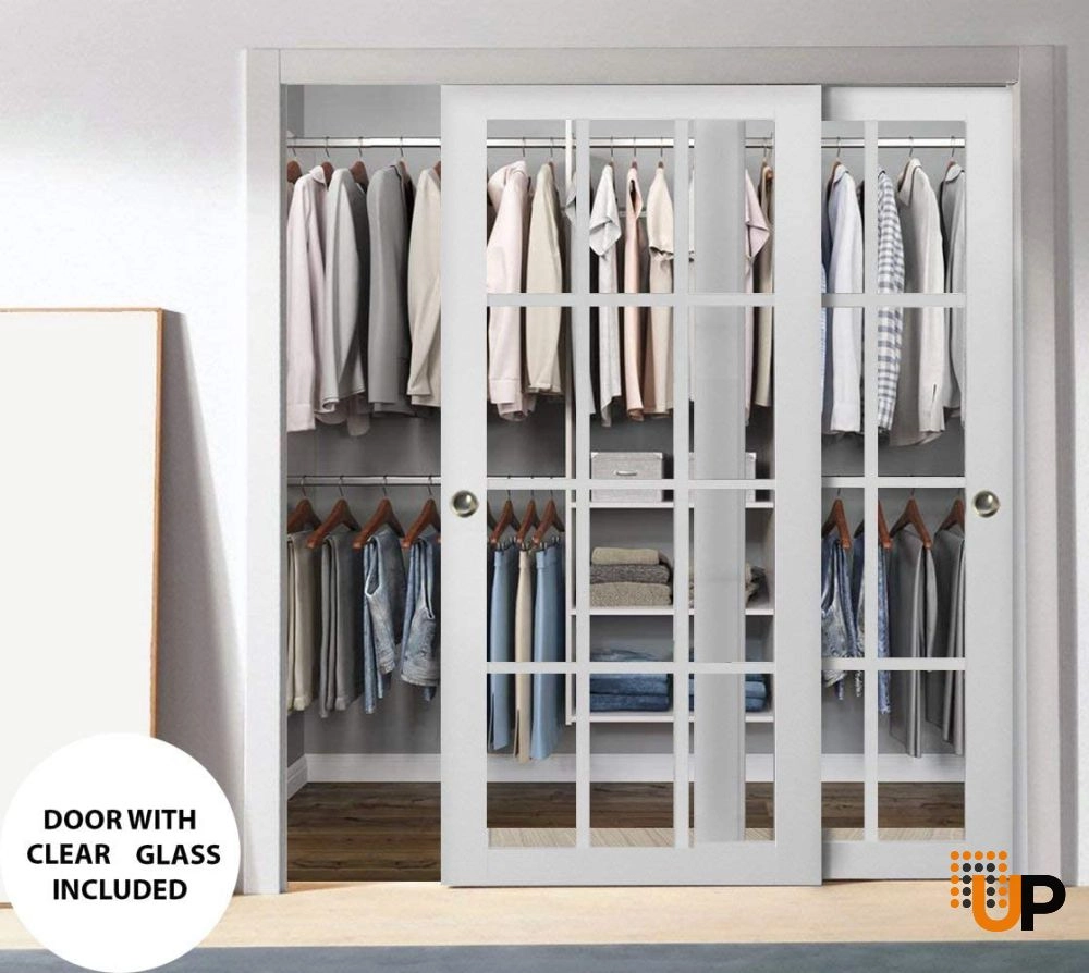 Double solid core sliding classic interior closet bypass door with clear glass | Felicia 3355 White | 36 x 80 (2* 18x80) photo#2