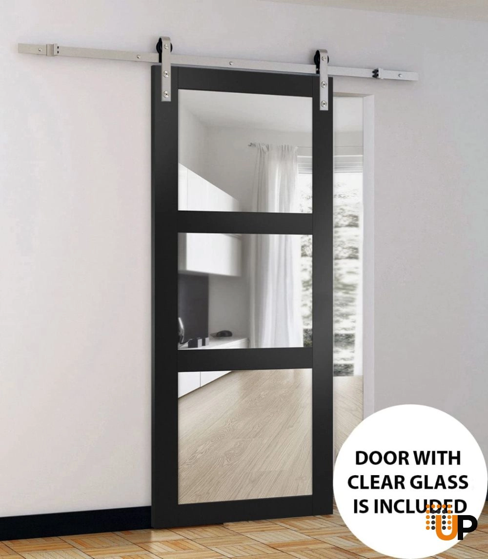 Single solid core sliding luxury interior barn door with clear glass | Lucia 2555 Black Matte | 18 x 80 photo#2