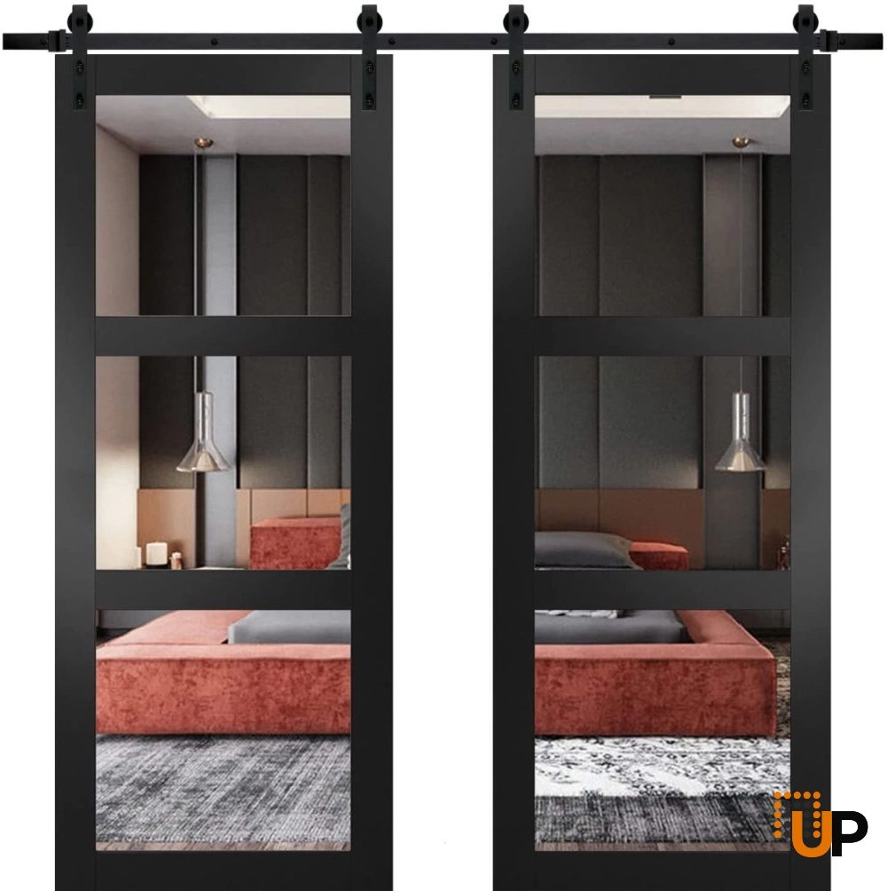Double solid core sliding french interior barn double door with clear glass | Lucia 2555 Black Matte | 36 x 80 (2* 18x80) photo#1
