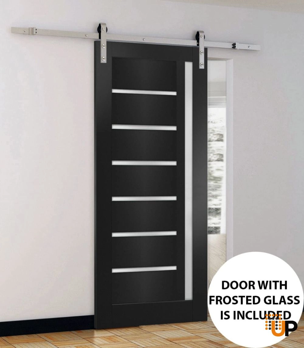 Single mdf sliding modern interior barn door with frosted glass | Quadro 4088  Black Matte | 18 x 80 photo#2