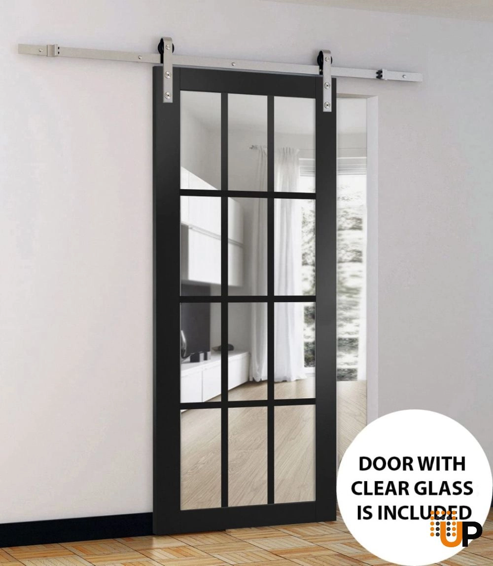 Single solid core sliding classic interior barn door with clear glass | Felicia 3355 Black Matte | 18 x 80 photo#2
