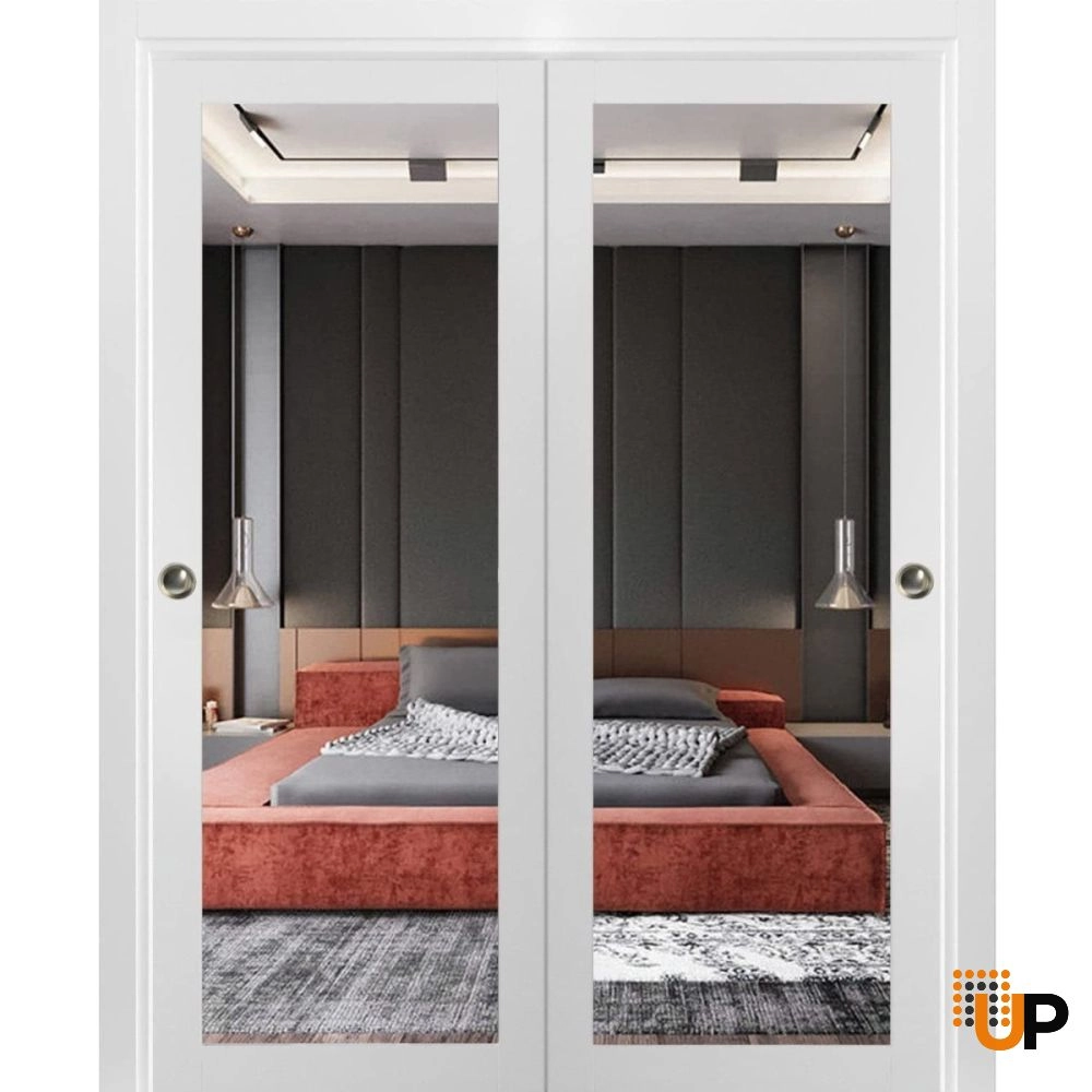 Double solid core sliding luxury interior closet bypass door with mirror glass | Lucia 1299 White | 36 x 80 (2* 18x80) photo#1
