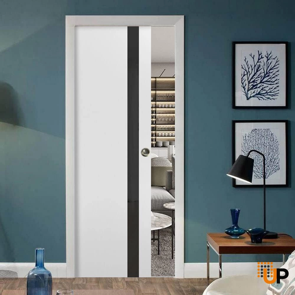 Single solid core sliding interior pocket door with black glass | Planum 0040 White | 18 x 80 photo#2