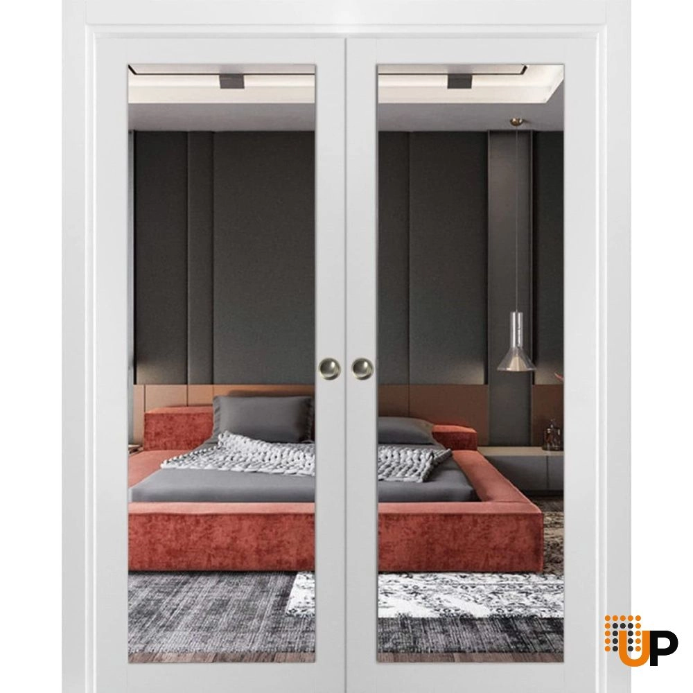 Double solid core sliding luxury interior pocket double door with mirror glass | Lucia 1299 White | 36 x 80 (2* 18x80) photo#1