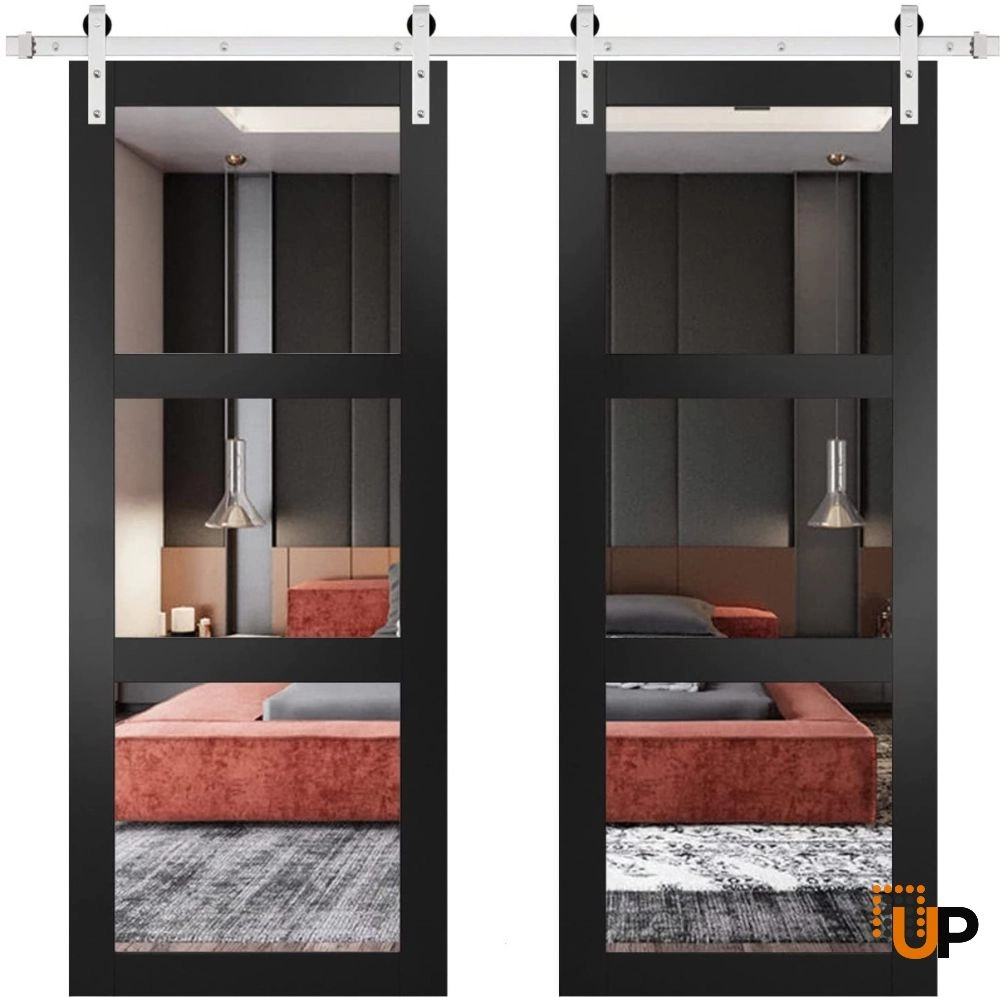 Double solid core sliding french interior barn double door with clear glass | Lucia 2555 Black Matte | 36 x 80 (2* 18x80) photo#1
