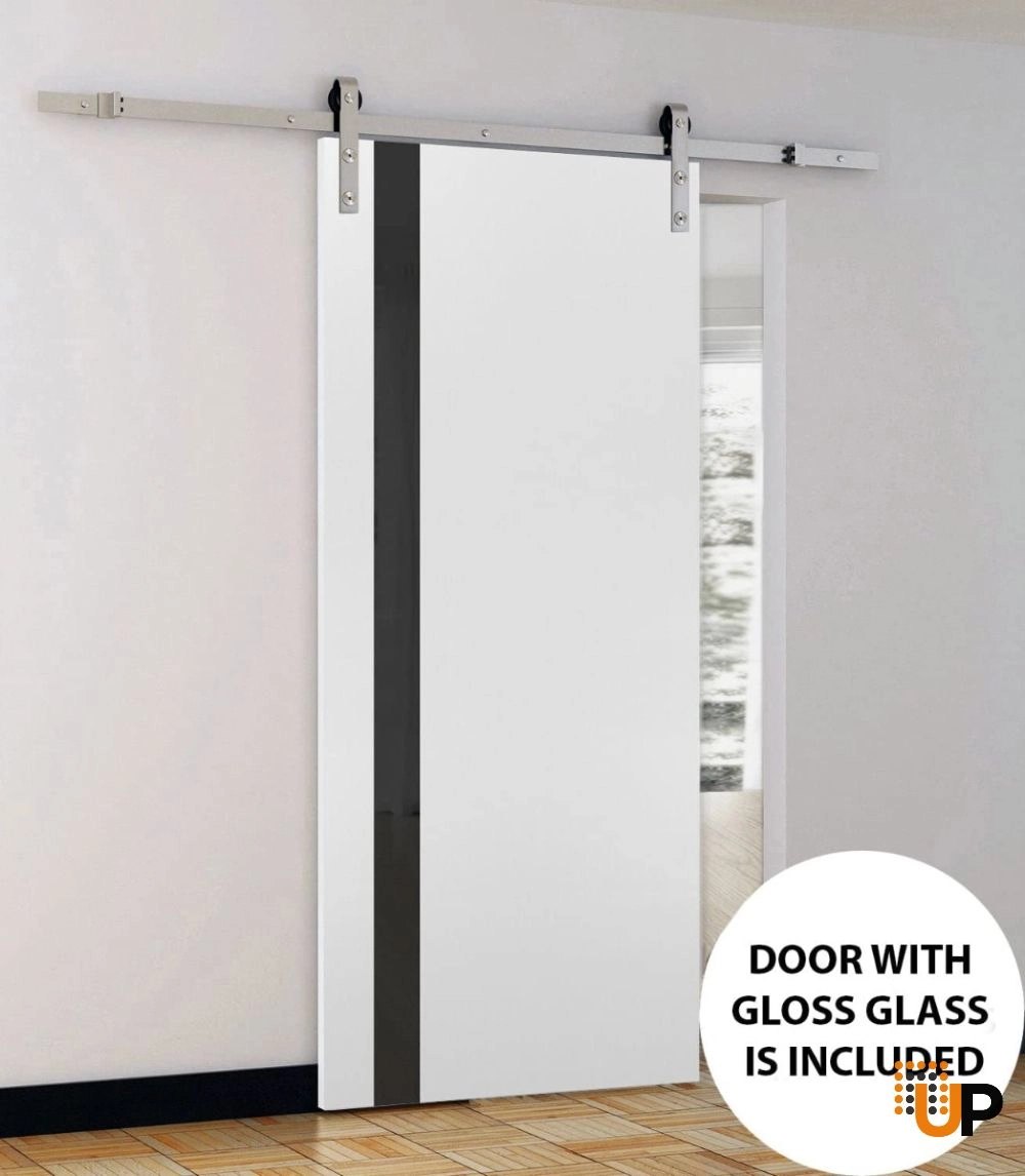 Single solid core sliding interior barn door with black glass | Planum 0040 White | 18 x 80 photo#3