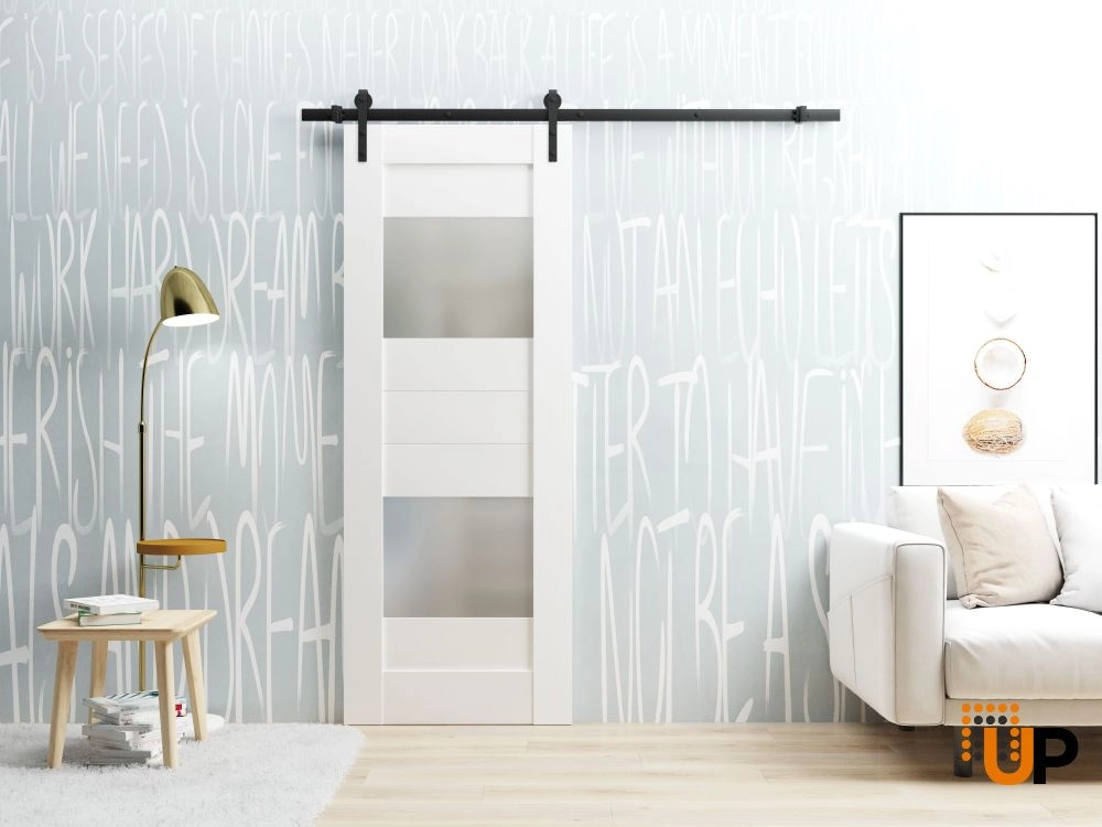Single mdf sliding modern interior barn door with frosted glass | Sete 6222 White | 18 x 80 photo#5