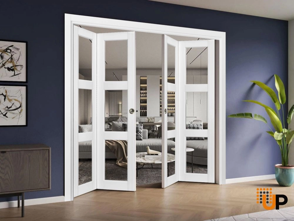 4 folding panels solid core sliding french interior bi-fold double door with clear glass | Lucia 2555 White | 72 x 80 (4* 18x80) photo#2