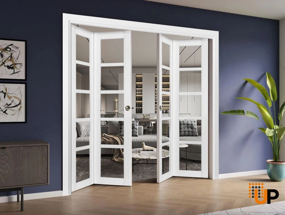 4 folding panels mdf sliding french interior bi-fold double door with clear glass | Quadro 4522 White | 72 x 80 (4* 18x80) photo#2