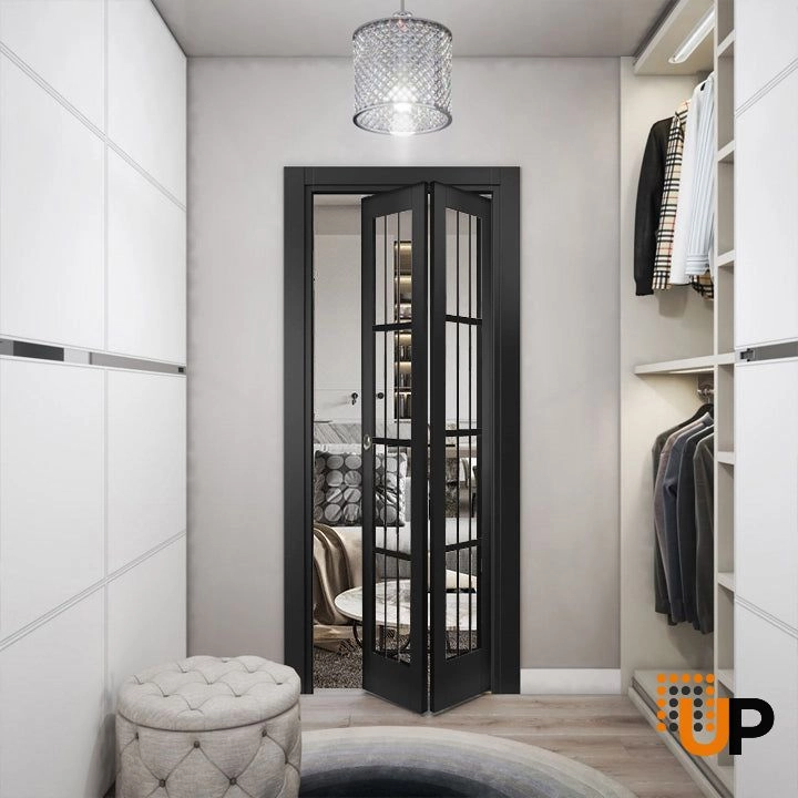 2 folding panels solid core sliding french interior bi-fold door with clear glass | Felicia 3355 Black Matte | 36 x 80 (2* 18x80) photo#2