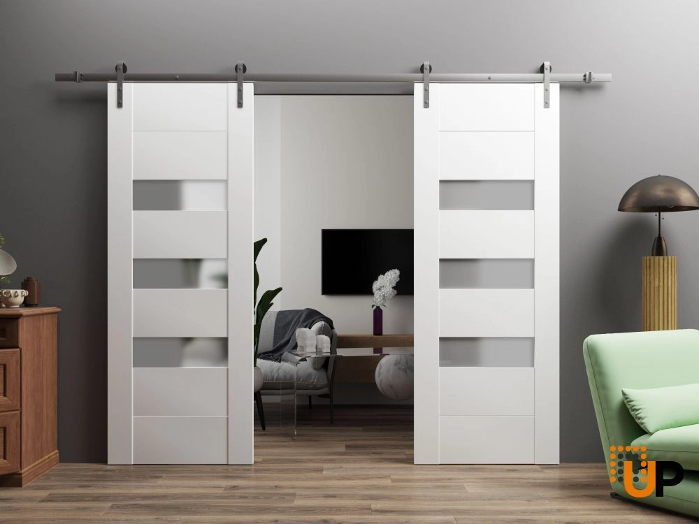 Double mdf sliding french interior barn double door with frosted glass | Sete 6900 White | 36 x 80 (2* 18x80) photo#2