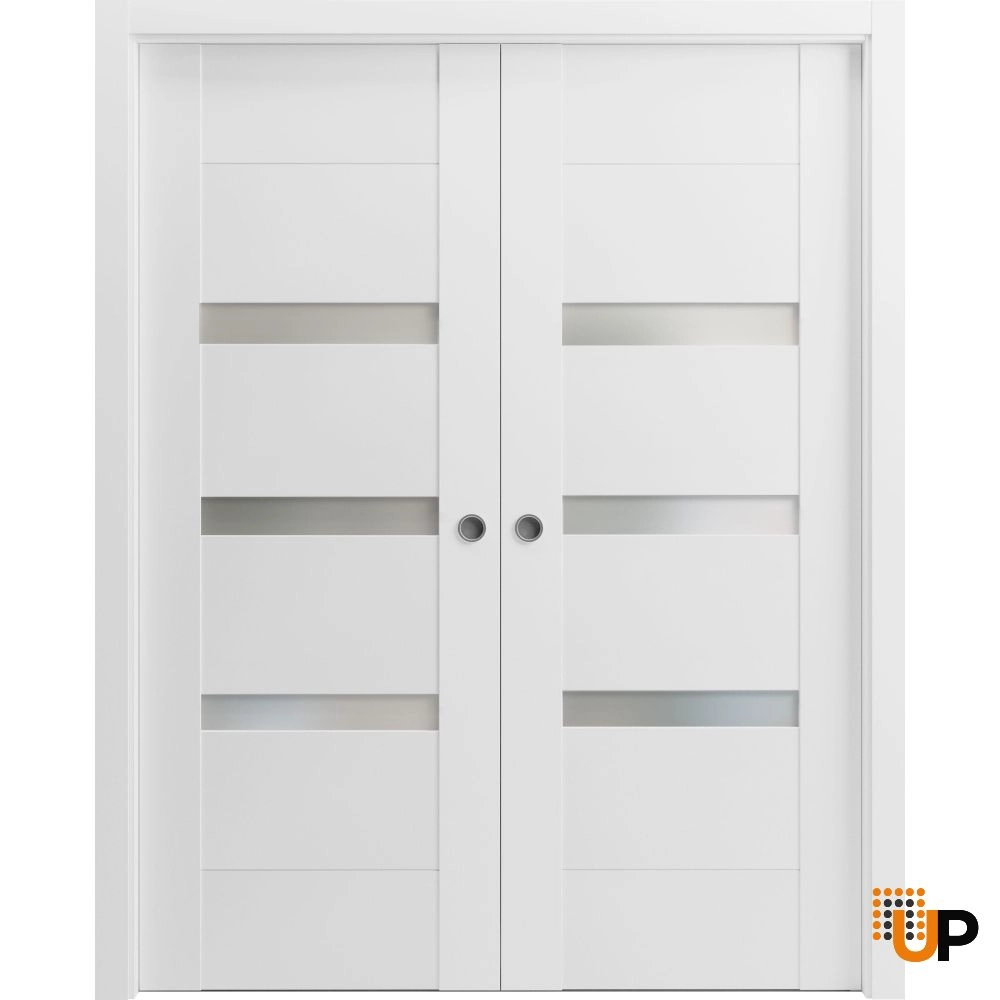 Double solid core sliding interior pocket double door with frosted glass | Sete 6900 White | 36 x 80 (2* 18x80) photo#1