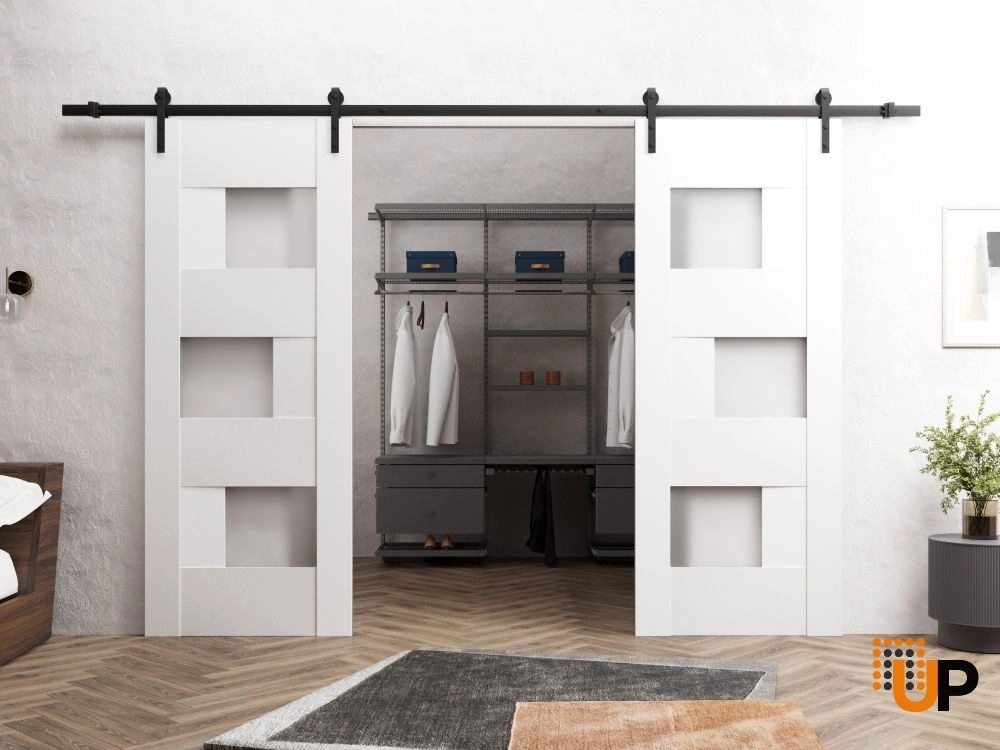 Double mdf sliding french interior barn double door with frosted glass | Sete 6933 White | 36 x 80 (2* 18x80) photo#2