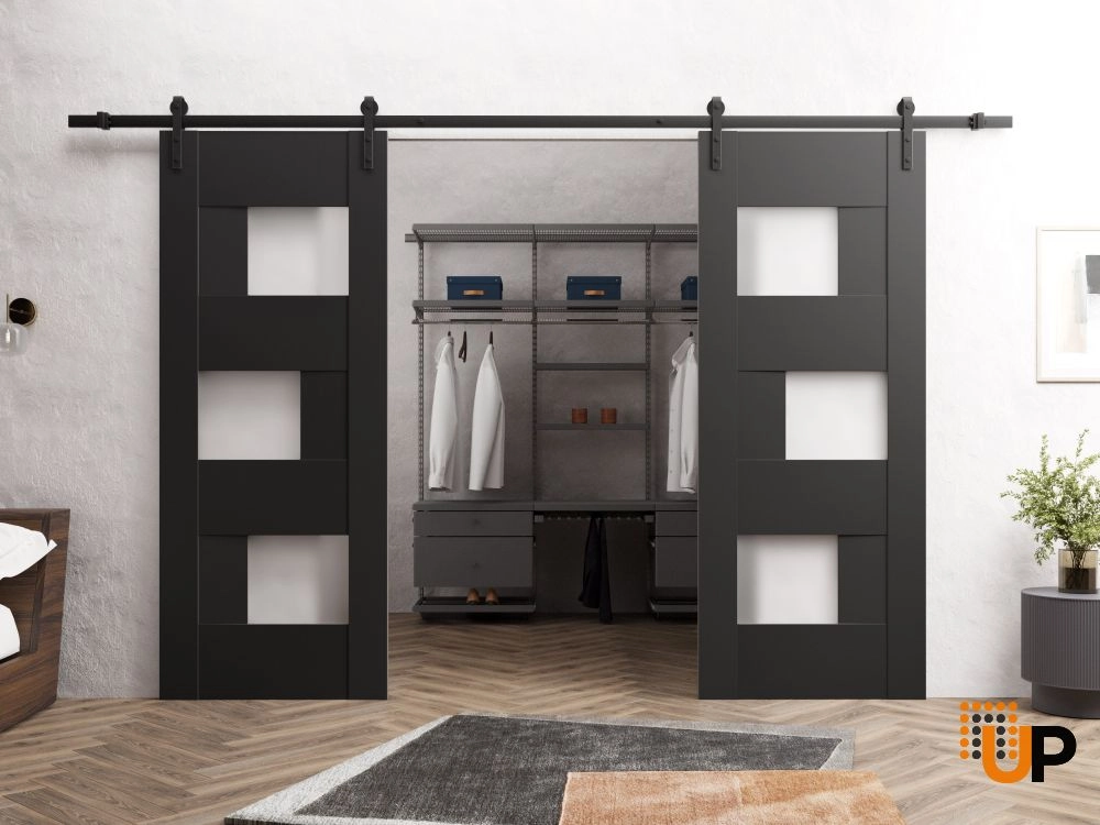 Double mdf sliding french interior barn double door with frosted glass | Sete 6933 Black Matte | 36 x 80 (2* 18x80) photo#3