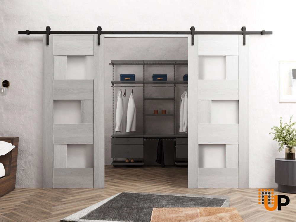 Double mdf sliding french interior barn double door with frosted glass | Sete 6933 Light Grey Oak | 36 x 80 (2* 18x80) photo#2