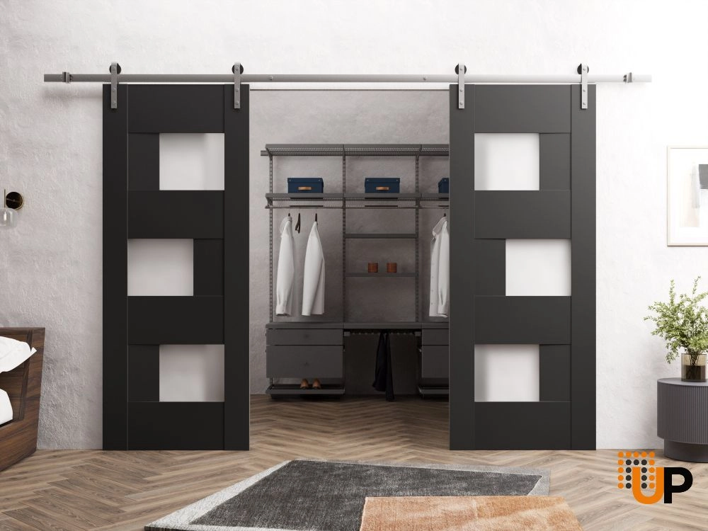 Double mdf sliding french interior barn double door with frosted glass | Sete 6933 Black Matte | 36 x 80 (2* 18x80) photo#2