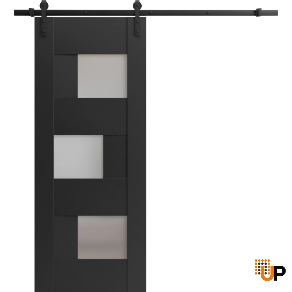 Single mdf sliding modern interior barn door with frosted glass | Sete 6933 Black Matte | 18 x 80 photo#1