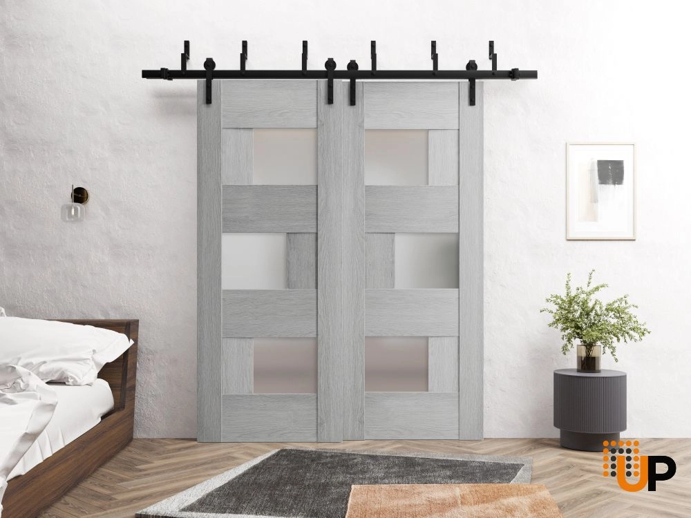 Single mdf modern interior door slab with frosted glass | Sete 6933 Light Grey Oak | 18 x 80 photo#2