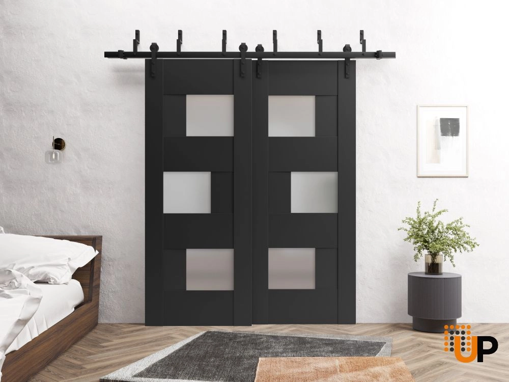 Double mdf sliding modern interior barn bypass door with frosted glass | Sete 6933 Black Matte | 36 x 80 (2* 18x80) photo#2