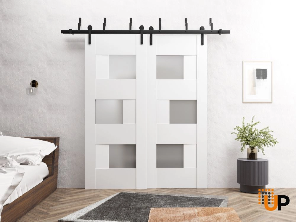 Double mdf sliding interior barn bypass door with frosted glass | Sete 6933 White | 36 x 80 (2* 18x80) photo#2