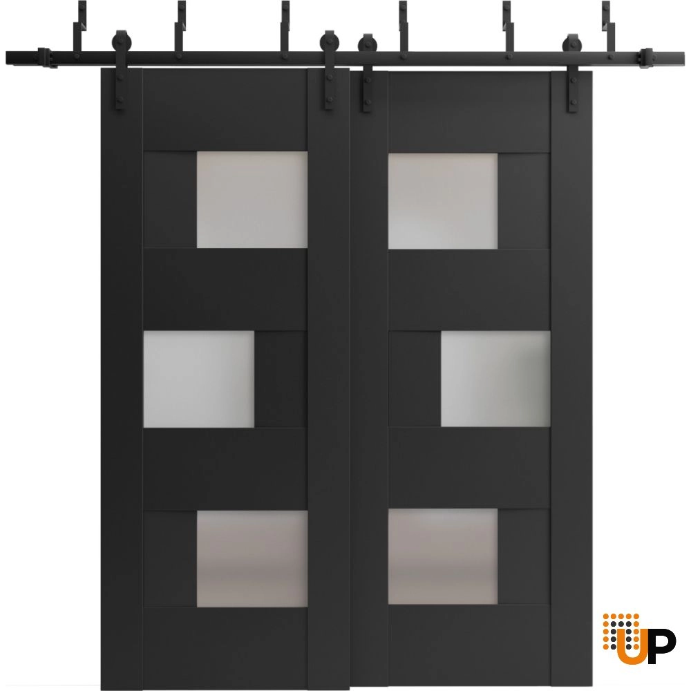 Double mdf sliding modern interior barn bypass door with frosted glass | Sete 6933 Black Matte | 36 x 80 (2* 18x80) photo#1