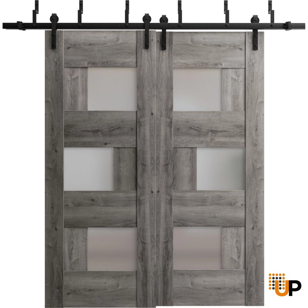 Double mdf sliding modern interior barn bypass door with frosted glass | Sete 6933 Nebraska Grey | 36 x 80 (2* 18x80) photo#1