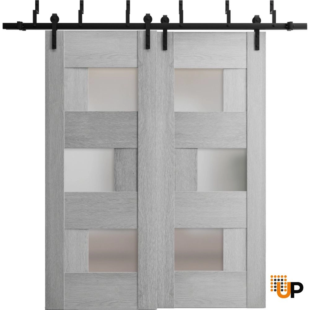 Double mdf sliding modern interior barn bypass door with frosted glass | Sete 6933 Light Grey Oak | 36 x 80 (2* 18x80) photo#1