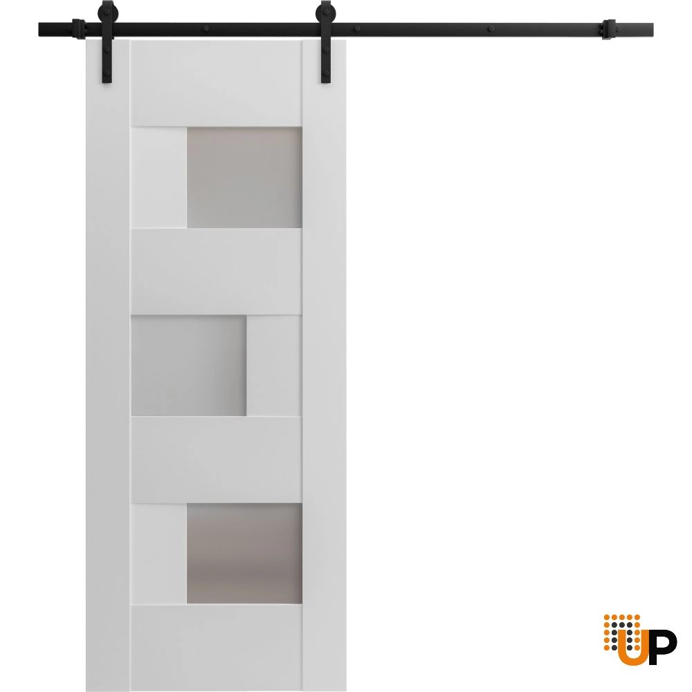 Single mdf sliding modern interior barn door with frosted glass | Sete 6933 White | 18 x 80 photo#1