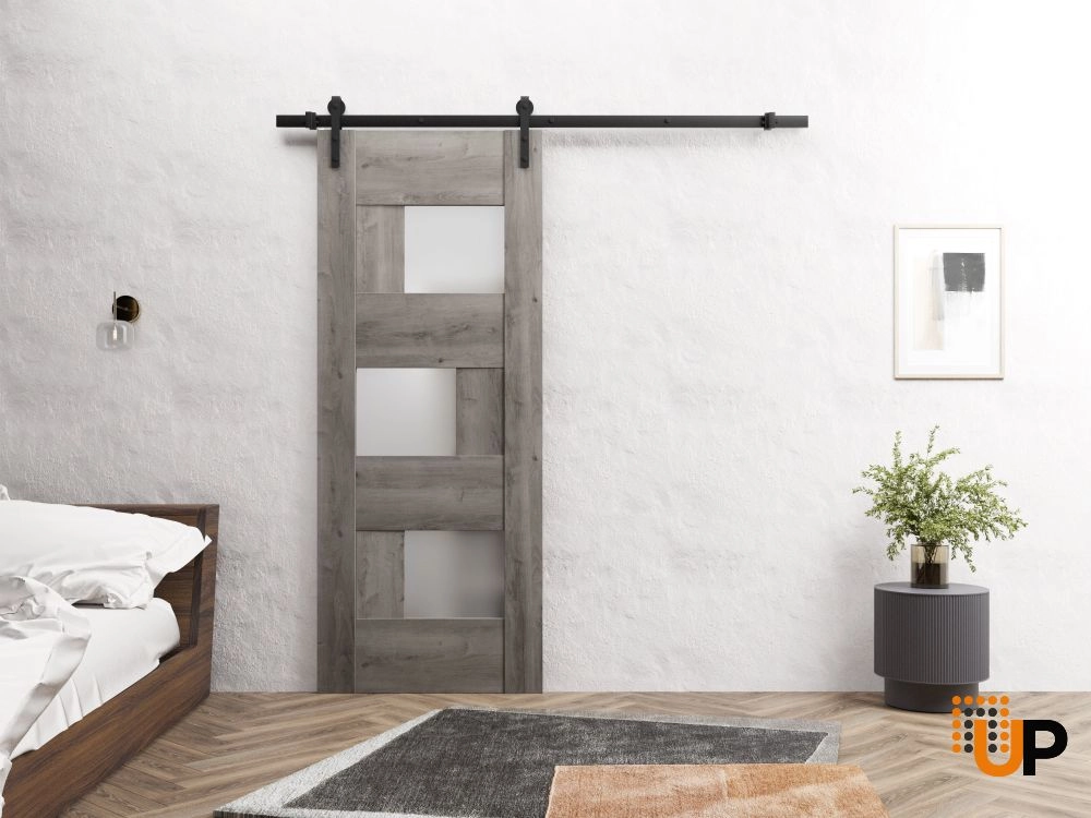 Single mdf sliding modern interior barn door with frosted glass | Sete 6933 Nebraska Grey | 18 x 80 photo#2