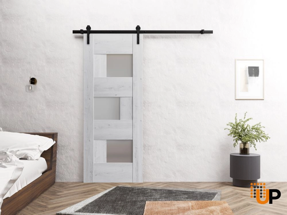 Single mdf sliding modern interior barn door with frosted glass | Sete 6933 Nordic White | 18 x 80 photo#2