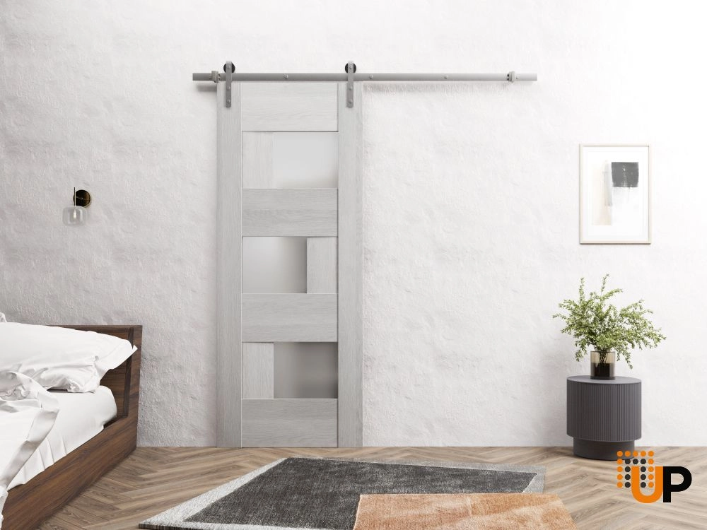 Single mdf sliding modern interior barn door with frosted glass | Sete 6933 Light Grey Oak | 18 x 80 photo#2