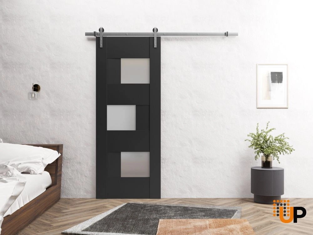 Single mdf sliding modern interior barn door with frosted glass | Sete 6933 Black Matte | 18 x 80 photo#2