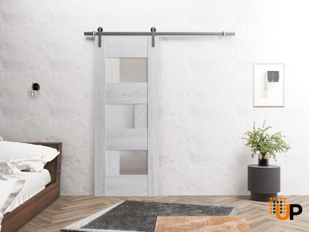 Single mdf sliding modern interior barn door with frosted glass | Sete 6933 Nordic White | 18 x 80 photo#2