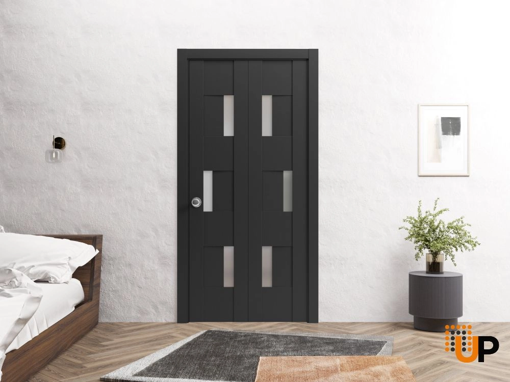 2 folding panels mdf sliding modern interior bi-fold door with frosted glass | Sete 6933 Black Matte | 36 x 80 photo#2