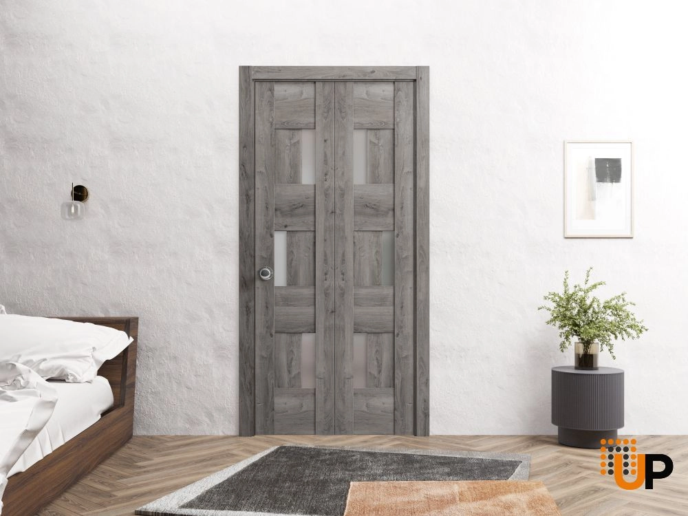 2 folding panels mdf sliding modern interior bi-fold door with frosted glass | Sete 6933 Nebraska Grey | 36 x 80 photo#2