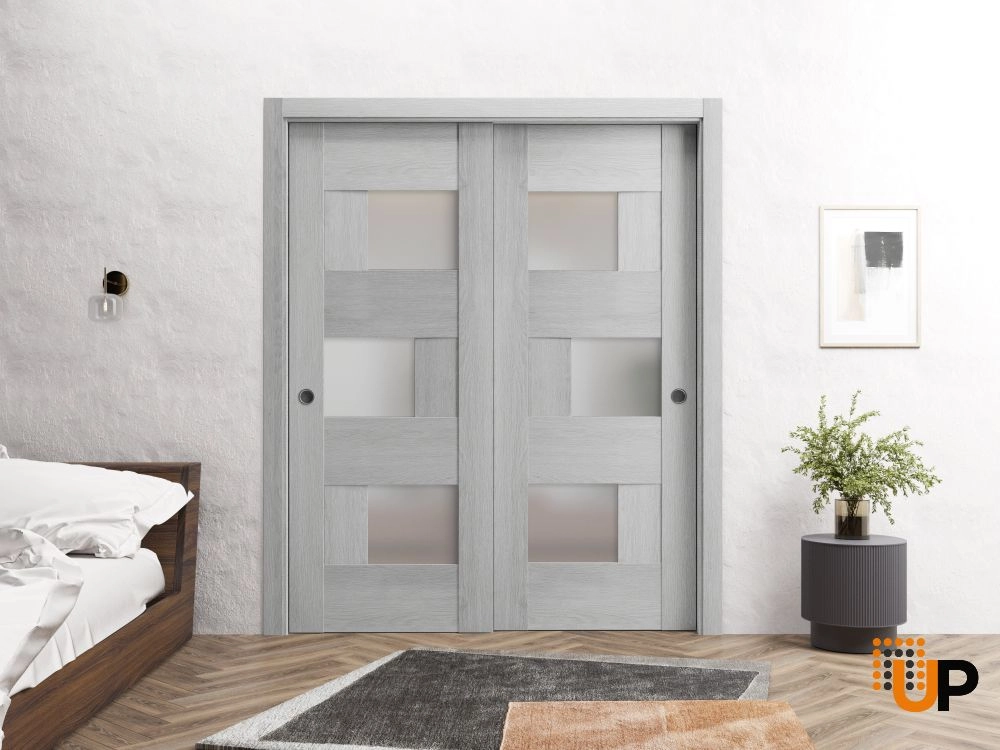 Double mdf sliding modern interior closet bypass door with frosted glass | Sete 6933 Light Grey Oak | 36 x 80 (2* 18x80) photo#2