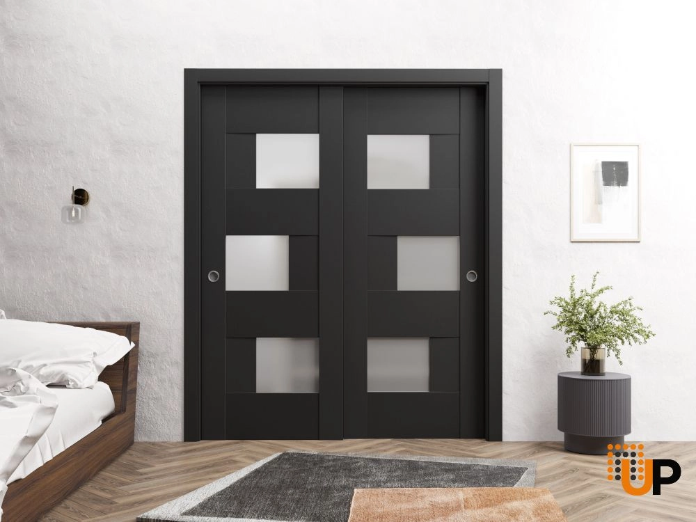 Single mdf modern interior door slab with frosted glass | Sete 6933 Black Matte | 18 x 80 photo#3