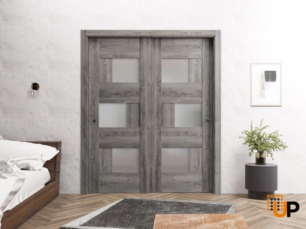 Double mdf sliding modern interior closet bypass door with frosted glass | Sete 6933 Nebraska Grey | 36 x 80 (2* 18x80) photo#2