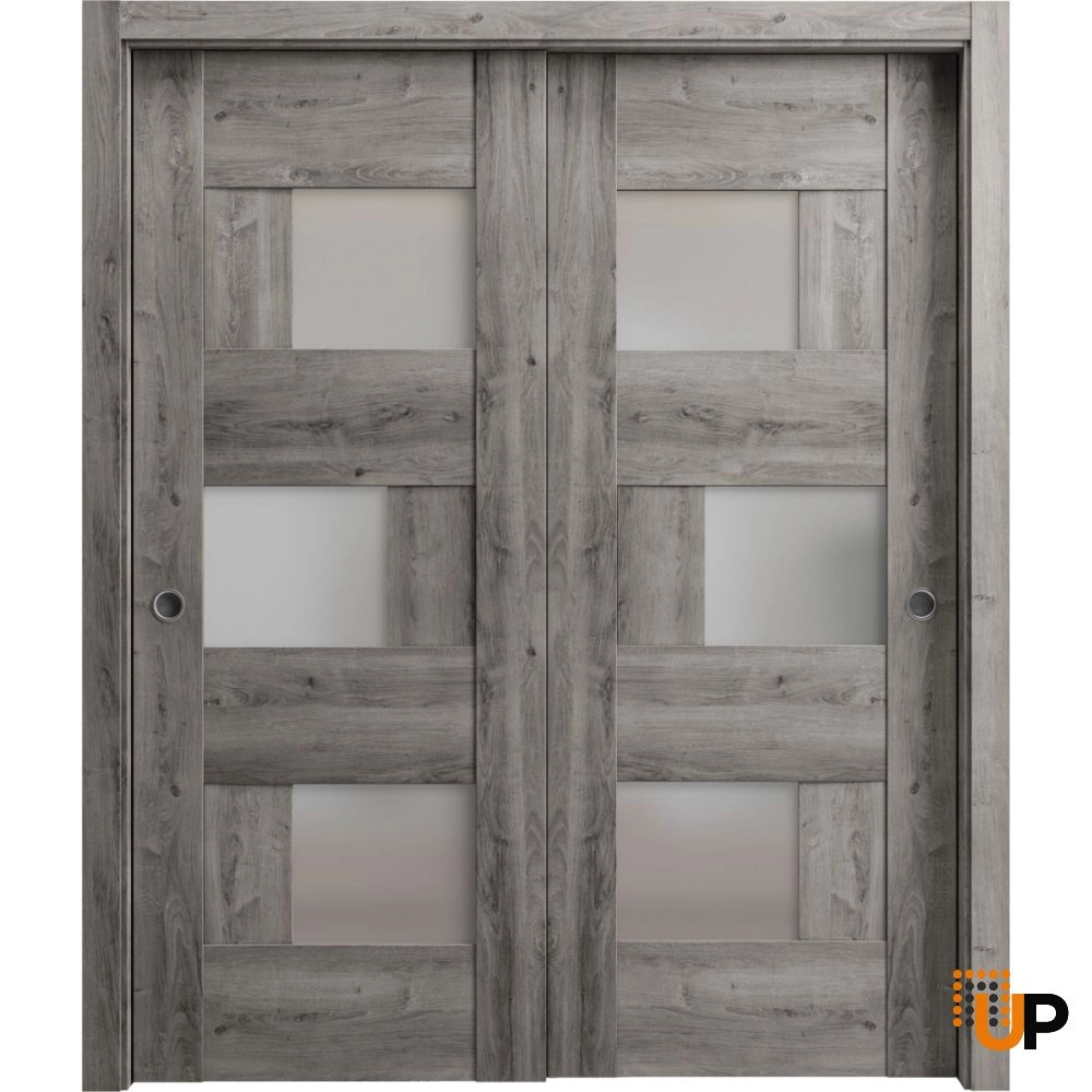 Double mdf sliding modern interior closet bypass door with frosted glass | Sete 6933 Nebraska Grey | 36 x 80 (2* 18x80) photo#1