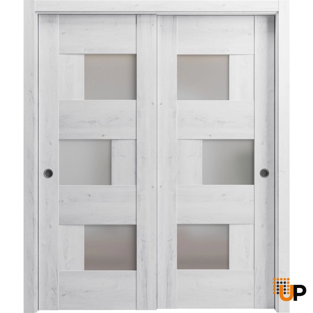 Double mdf sliding modern interior closet bypass door with frosted glass | Sete 6933 Nordic White | 36 x 80 (2* 18x80) photo#1