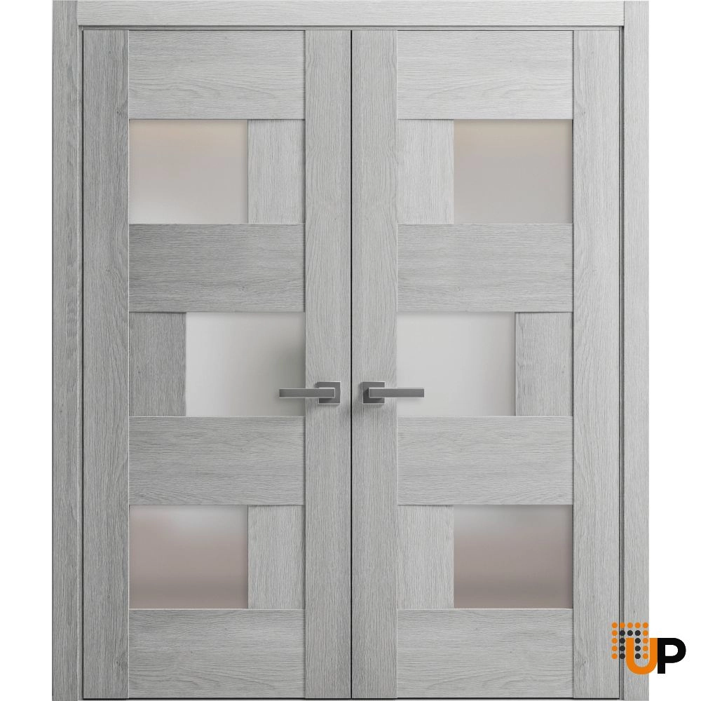 Double mdf french interior swing double door with frosted glass | Sete 6933 Light Grey Oak | 36 x 80 (2* 18x80) photo#1