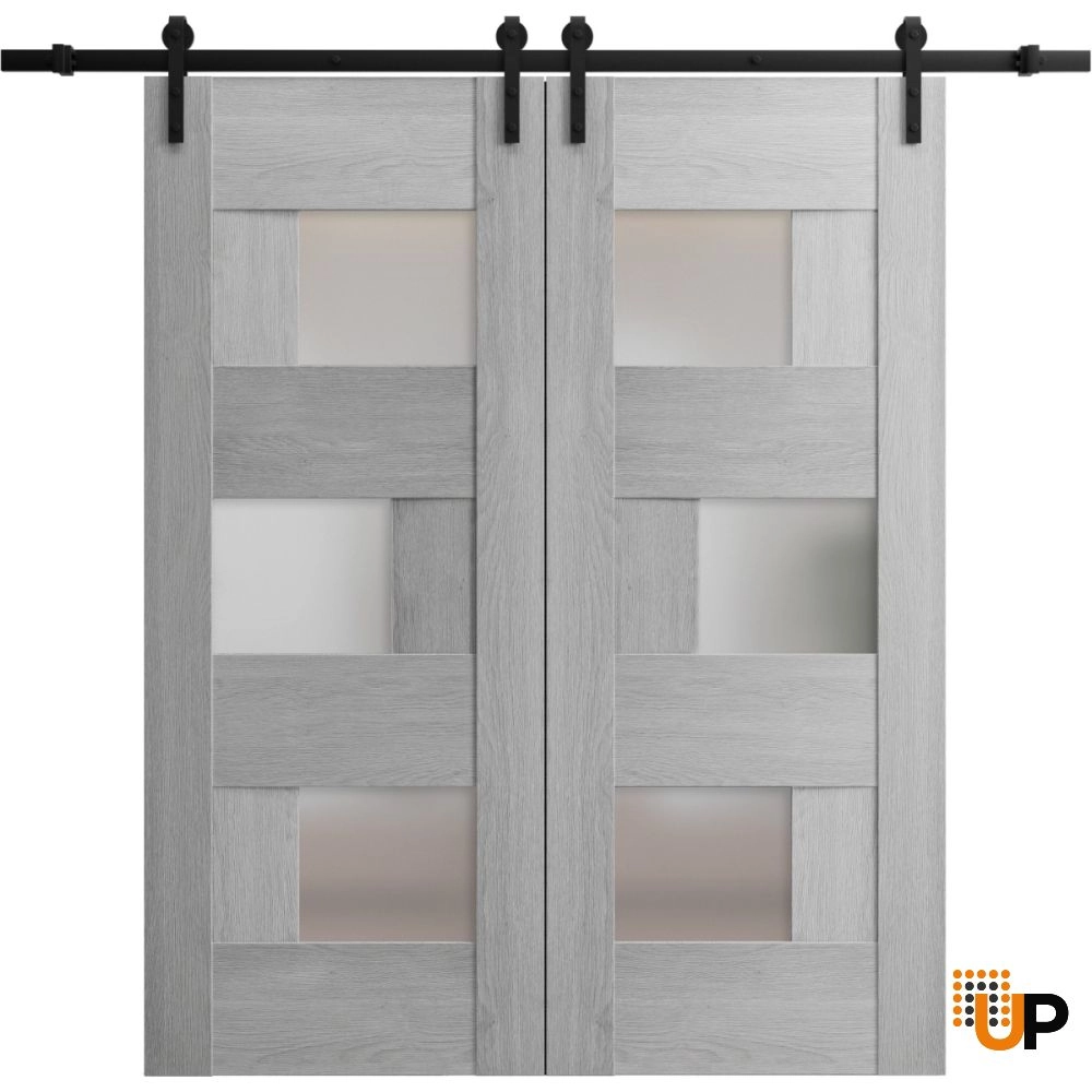 Double mdf sliding french interior barn double door with frosted glass | Sete 6933 Light Grey Oak | 36 x 80 (2* 18x80) photo#1