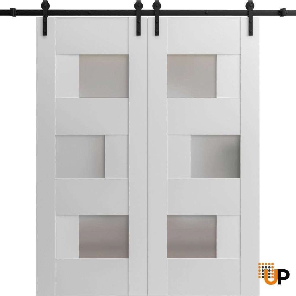 Double mdf sliding french interior barn double door with frosted glass | Sete 6933 White | 36 x 80 (2* 18x80) photo#1