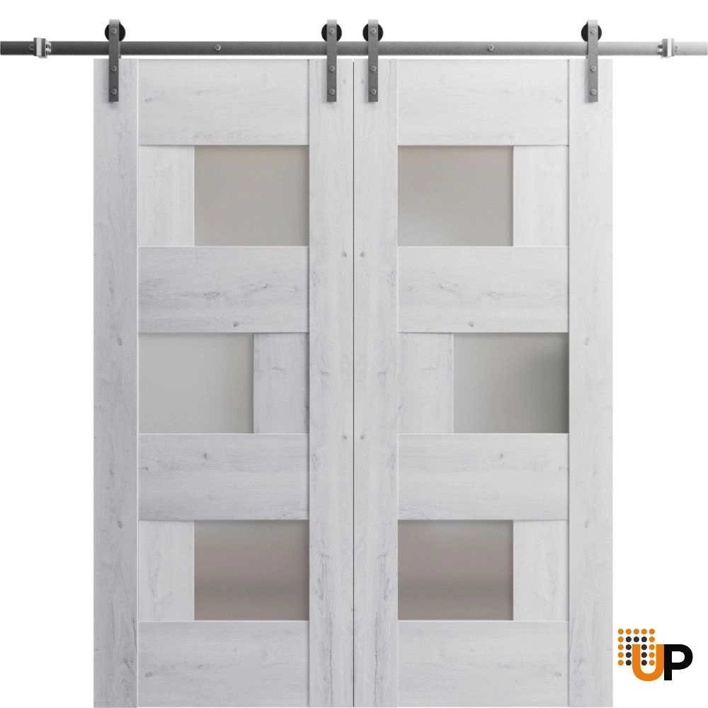 Double mdf sliding french interior barn double door with frosted glass | Sete 6933 Nordic White | 36 x 80 photo#1